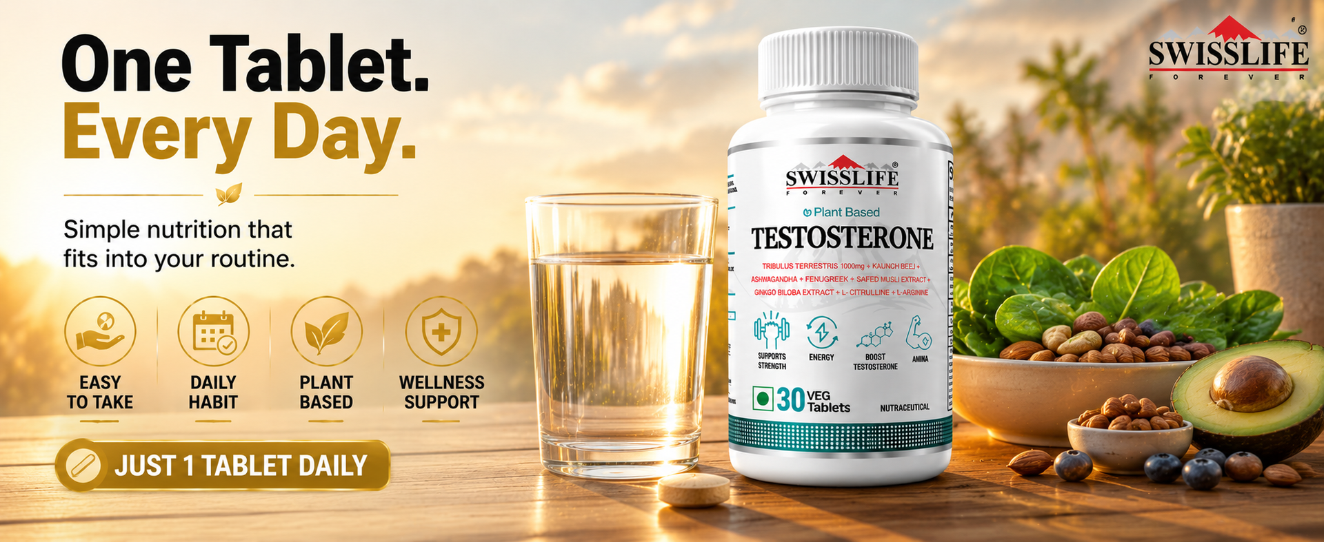 Swisslife Forever Testosterone Supplement for Men | Tribulus 1000mg, Ashwagandha, L-Arginine, L-Citrulline, Kaunch Beej | Natural Energy, Strength, Stamina & Performance Support | 30 Tablets | Plant-Based Formula