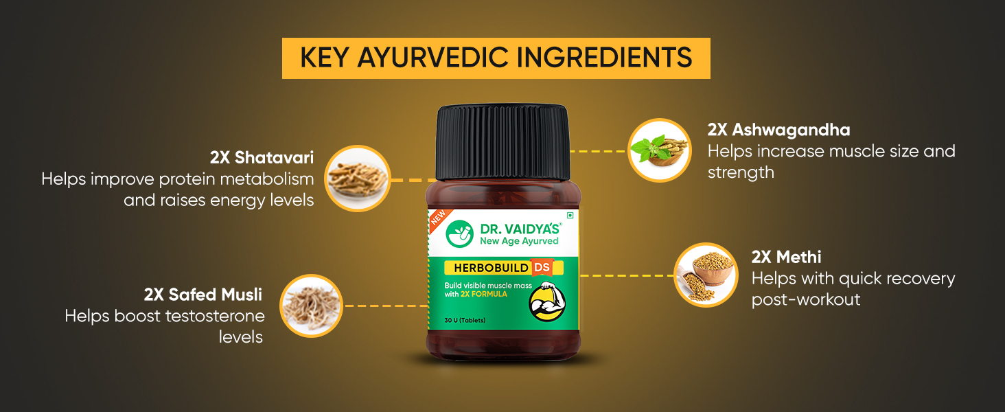DR. VAIDYA'S new age ayurveda Herbobuild Ds (Double Strength) Capsules | Ayurvedic Muscle & Mass Gainer For Enhanced Stamina & Peak Fitness | 30 Tablets per Pack | Pack Of 3