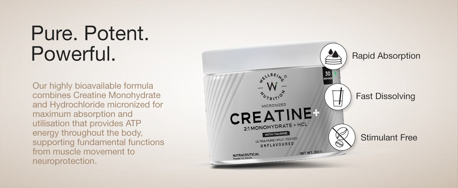 Wellbeing Nutrition 100% Pure Micronised Creatine Powder Monohydrate + HCL | Taurine | For Muscle Strength & Recovery, Muscle Growth & Cognition | Unflavoured,100g, 30 servings For Men & Women