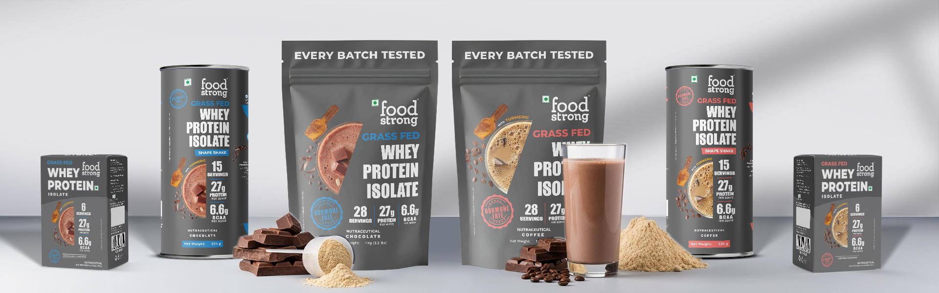 Foodstrong Whey Protein Isolate, 100% Hormone Free Grass-Fed Whey, 27G Protein & 6.6G BCAA, Coffee, With Turmeric & Digestive Enzymes, 15 Sachets, 525G