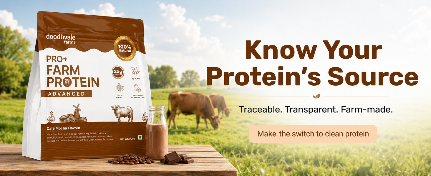 Doodhvale Farms PRO+ Farm Protein Advanced Cafe Mocha | High Protein Powder | for Muscle Recovery & Energy | 450g