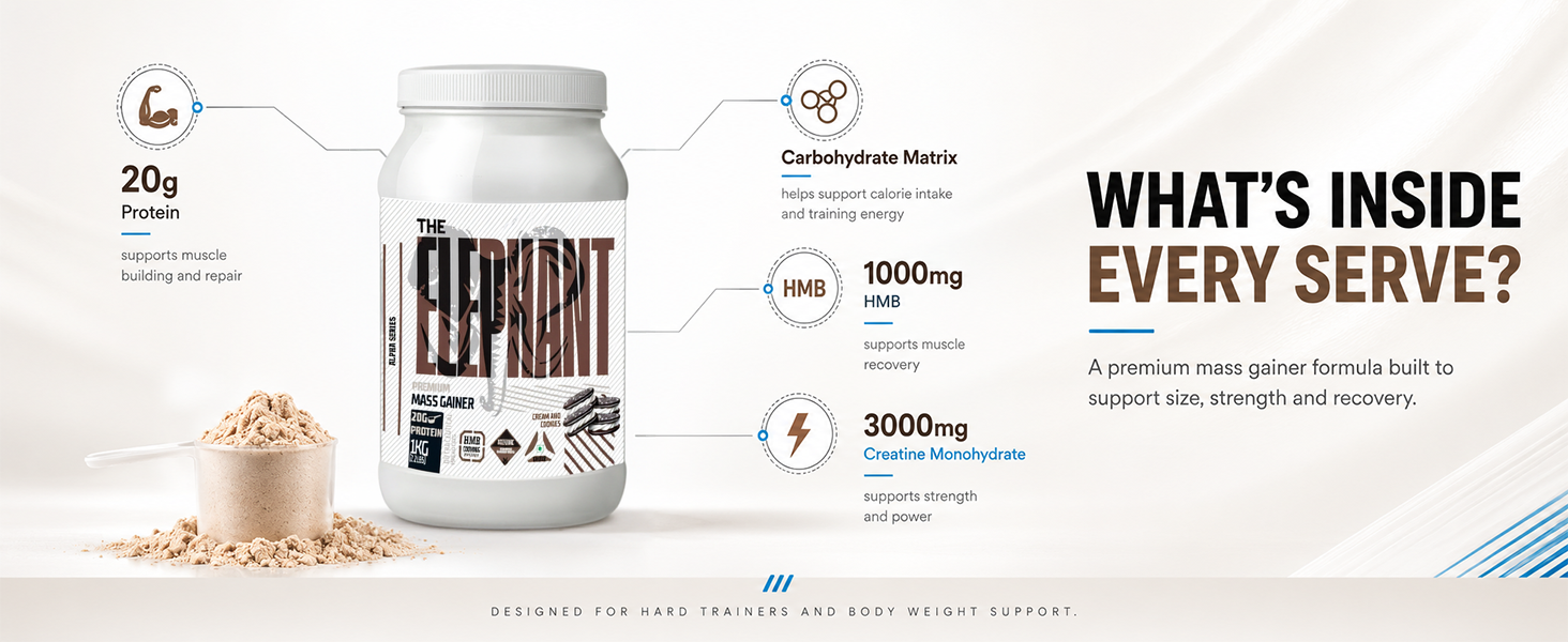 Absolute Nutrition Elephant Premium Mass Gainer | Weight Gainer with 20g Protein, 3000mg Creatine Monohydrate & 1000mg HMB | Muscle Gain Supplement | 1kg (Cream & Cookies)