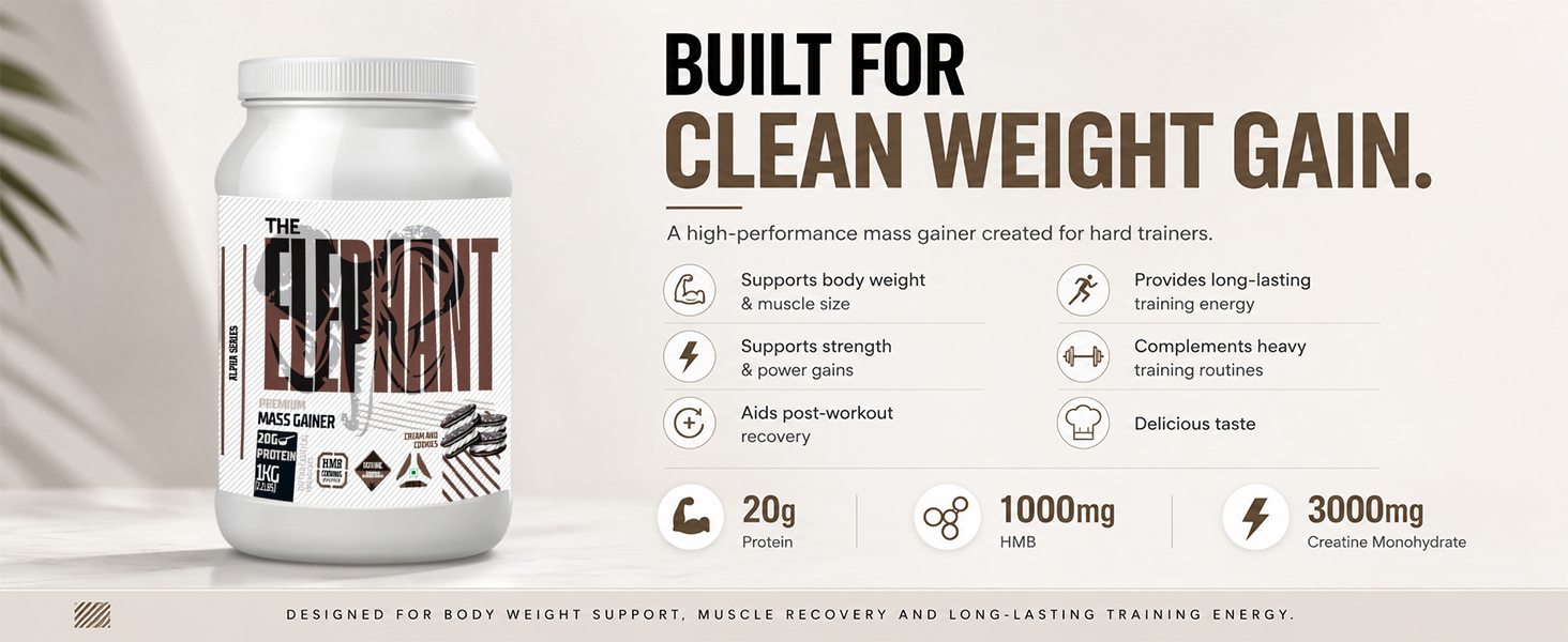 Absolute Nutrition Elephant Premium Mass Gainer | Weight Gainer with 20g Protein, 3000mg Creatine Monohydrate & 1000mg HMB | Muscle Gain Supplement | 1kg (Cream & Cookies)