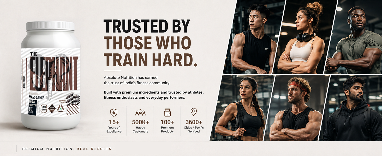 Absolute Nutrition Elephant Premium Mass Gainer | Weight Gainer with 20g Protein, 3000mg Creatine Monohydrate & 1000mg HMB | Muscle Gain Supplement | 1kg (Cream & Cookies)