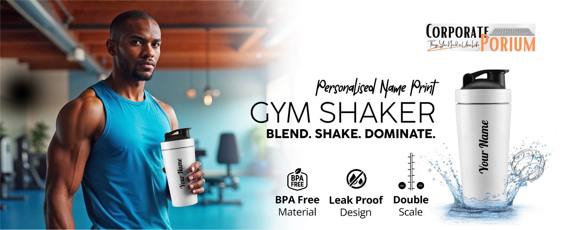CORPORATE PORIUM Customised Stainless Steel Shaker for Gym (White)- 100% Leakproof Guarantee,Leakproof Gym Shaker for Supplements Water Bpa Free Material Diwali Gift, 700 Milliliter