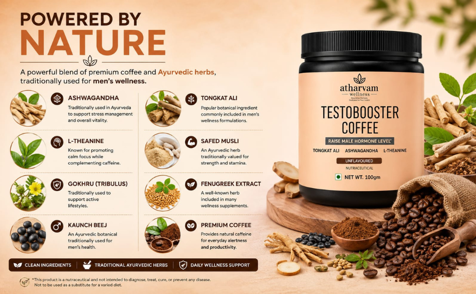 Testobooster Coffee 100g | Herbal Coffee with Tongkat Ali Ashwagandha L-Theanine | Unflavoured for Men’s Daily Energy & Vitality