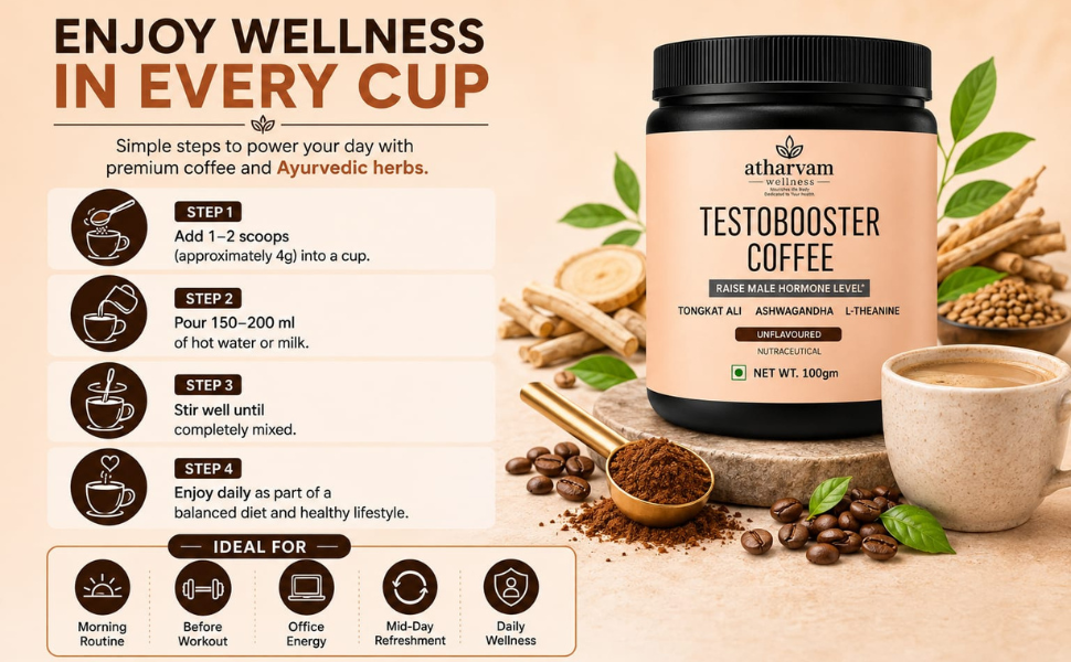 Testobooster Coffee 100g | Herbal Coffee with Tongkat Ali Ashwagandha L-Theanine | Unflavoured for Men’s Daily Energy & Vitality