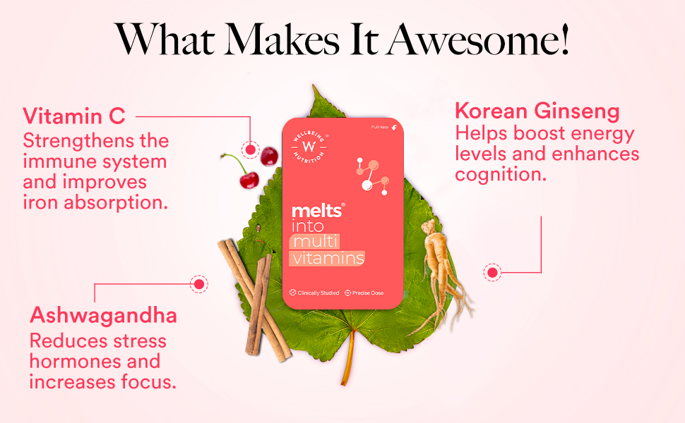 Wellbeing Nutrition Melts Plant Based Multivitamin for Men & Women for Increased Energy & Immunity | 100% RDA of Vitamin A, Vitamin B-Complex, Vitamin C, D3 K2, Ashwagandha & Ginseng (60 Oral Strips)