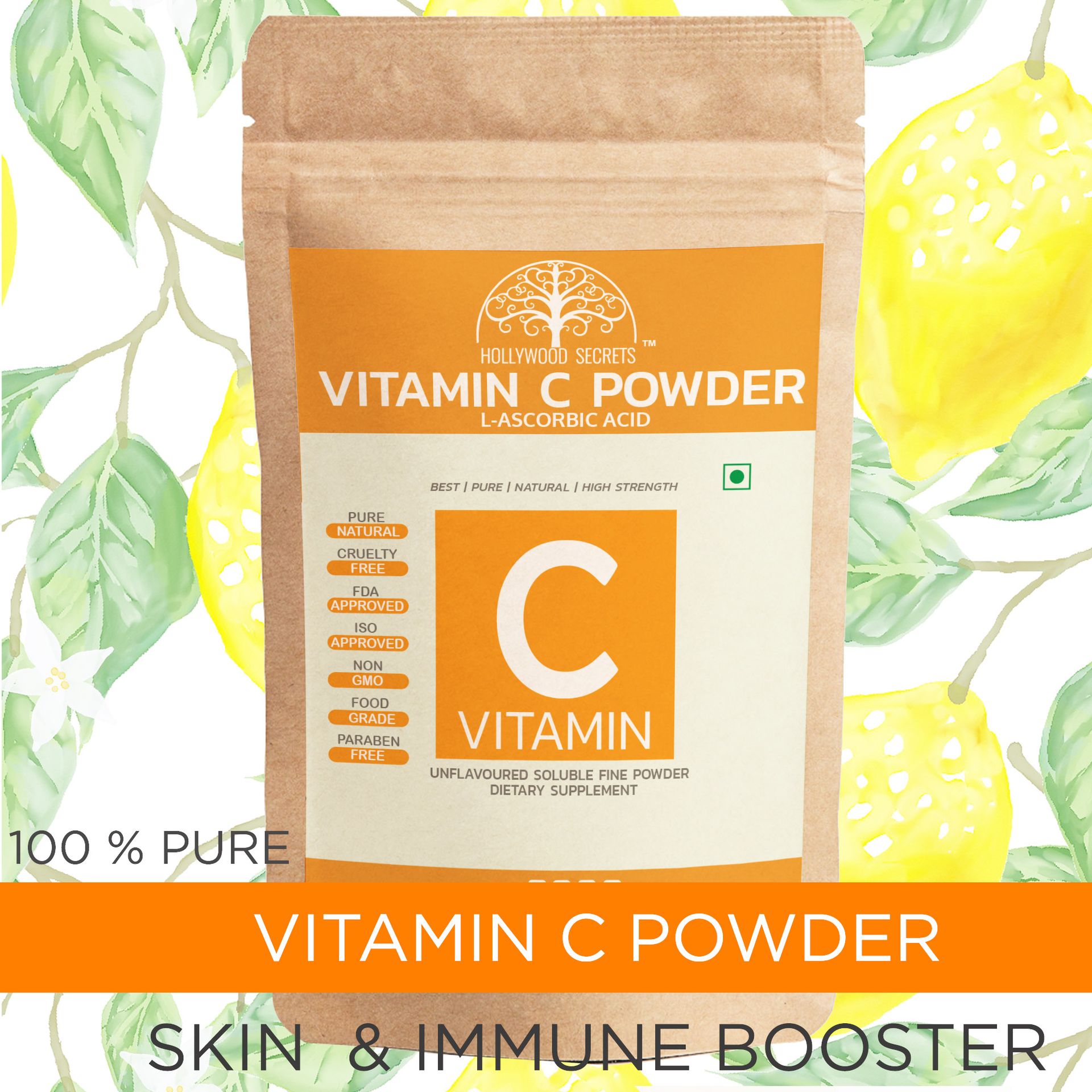 Hollywood Secrets 100% Pure Organic Vitamin C Powder L Ascorbic Acid DIY Serum Making Face Care 100 gm