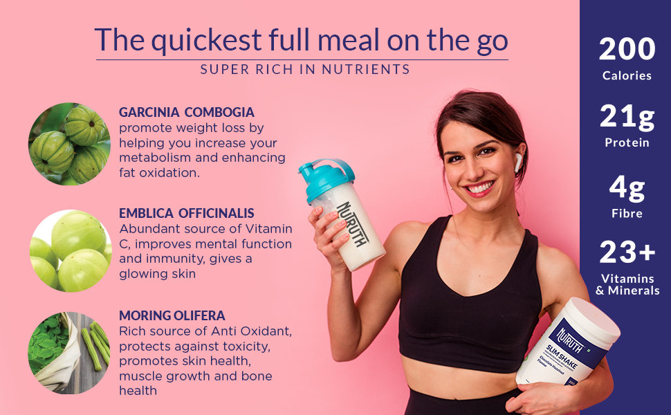 High Protein Meal Replacement Strawberry Flavoured Slim Shake | 21 Gm Protein/Serving | Weight Control & Management Protein Shake (500 Gm)