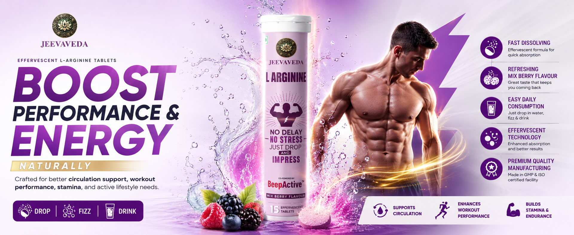 L-Arginine Effervescent Tablets | 750mg L-Arginine with L-Citrulline, Natural Caffeine, Brahmi, Shatavari & Beep Active | Mixed Berry Flavour | Pack of 4 Tubes (60 Tablets) | Daily Strength & Stamina Drink | Zero Sugar