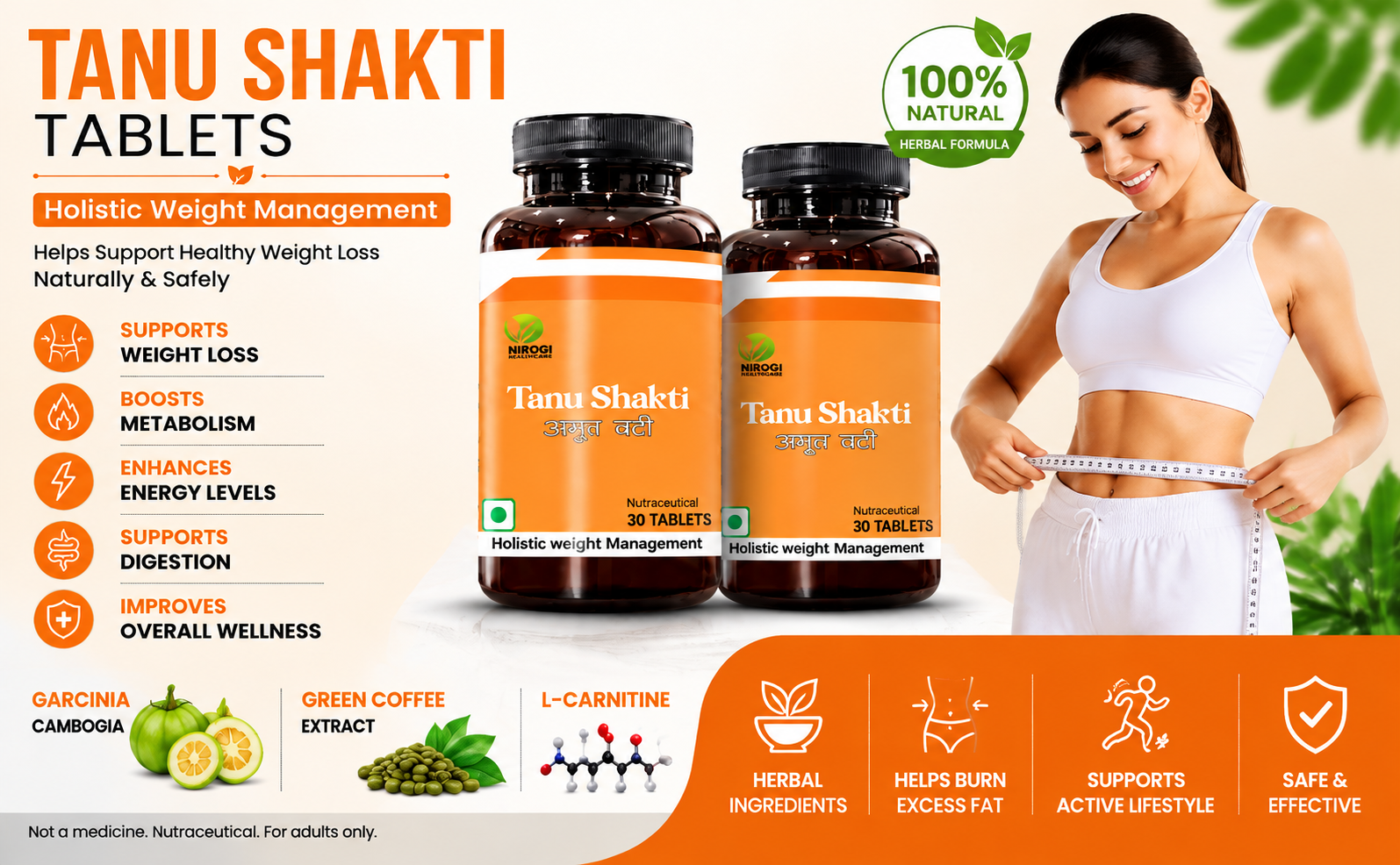 Tanu Shakti Tablets Fat Burner for Weight Loss with L-Carnitine, herbal slimming drink, Garcinia Cambogia & Green Coffee Extract | Weight Management Supplement Product for Men & Women | 60 Veg Tablets - Pack of 2