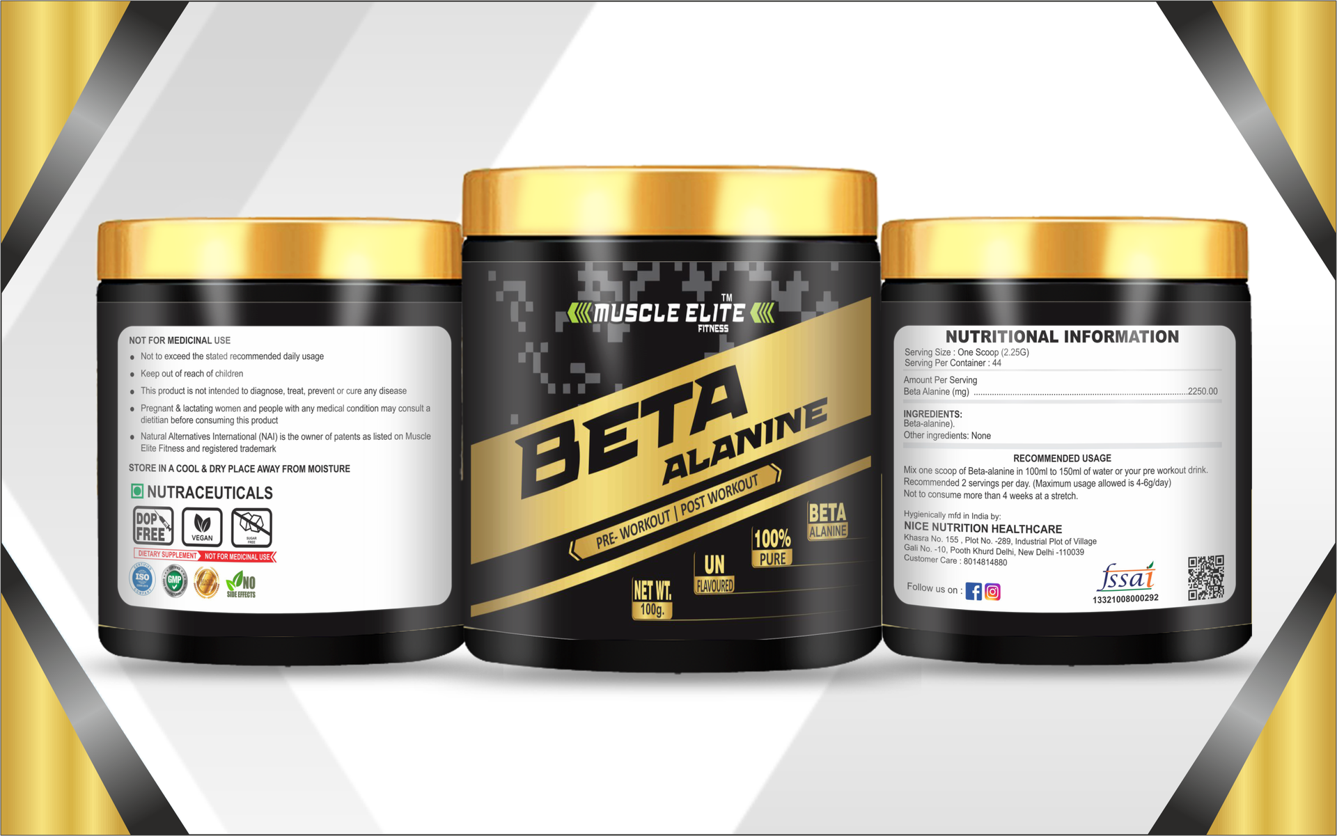 Pure 100% Beta-Alanine Pure Powder 2,200 mg - Delays Muscle Fatigue, Massive Pumps, Muscular Endurance & Recovery | Pre Workout supplement for Men & Women - 100g, Unflavoured