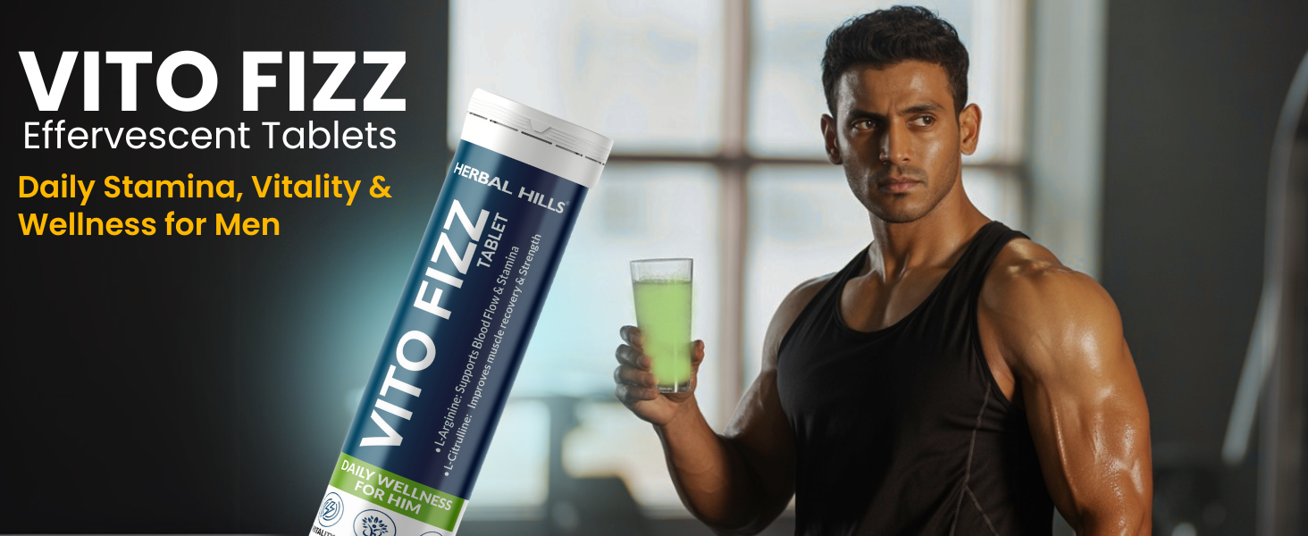 Herbal Hills Vito Fizz Mens Daily Fitness Tablet with L-Arginine & L-Citrulline for Energy & Strength -15 Effervescent Tablets (Pack of 1)