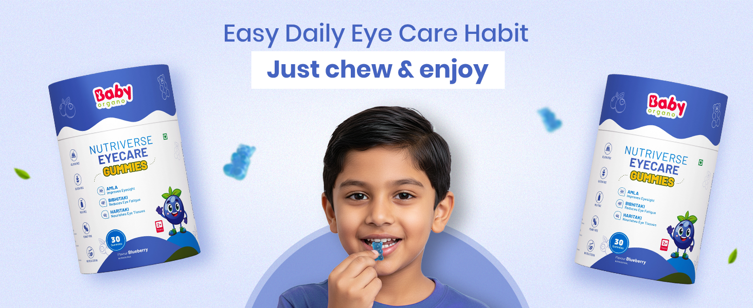 BabyOrgano Eye Care Gummies for Kids 2+ Years | Carrot, Flaxseed, Bilva & Amla | Screen Time Eye Health Support | Gelatin Free Gluten Free | FSSAI Approved | Blueberry Flavour | 30 Gummies