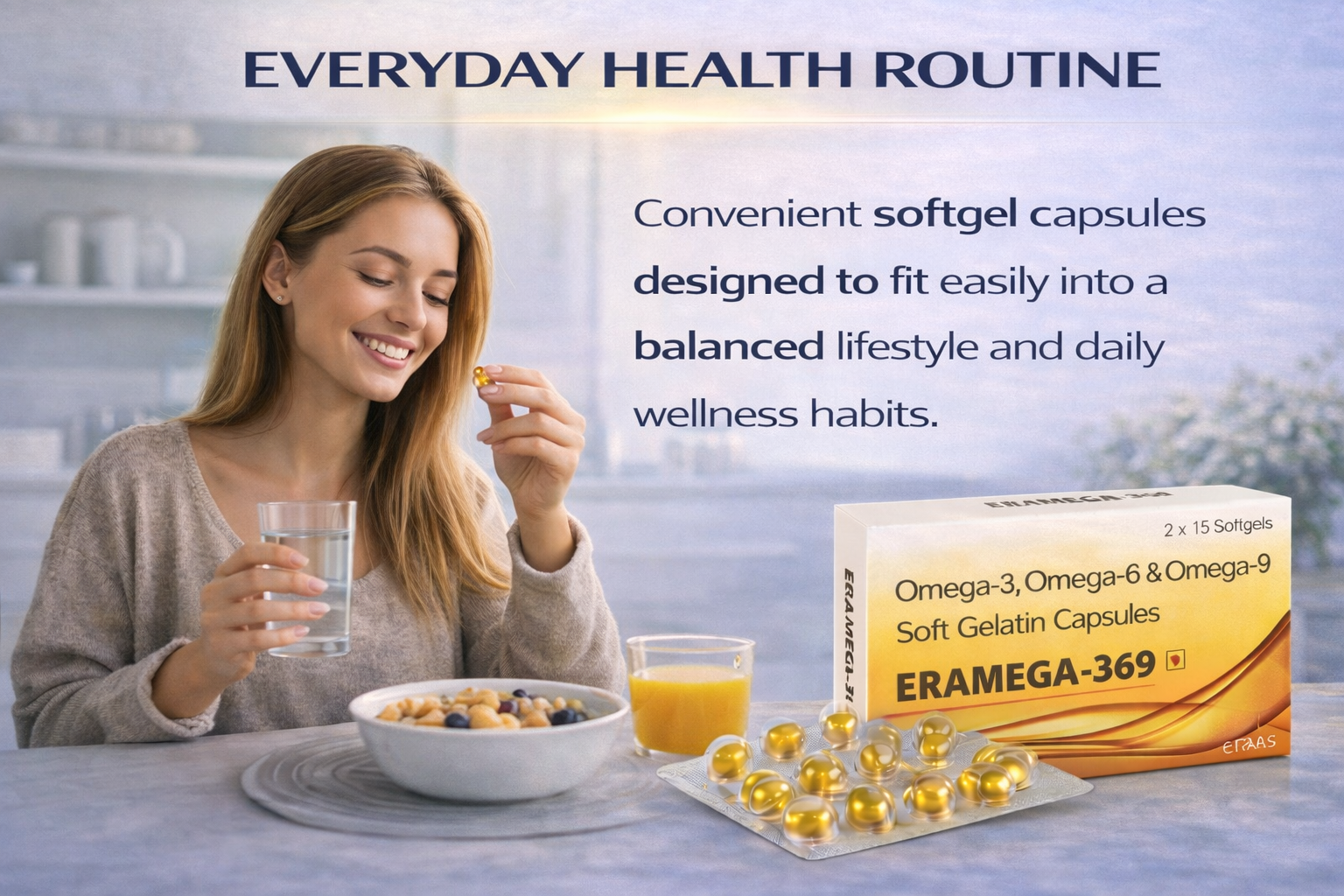 ERAAS Eramega 369 Omega 3 High Strength Pure Fish oil for Heart, Brain & Joints Fish Oil 300 mg Omega 3 200mg Omega 6 100 mg Omega 9 with EPA & DHA | Pack of 30 Softgel Capsules