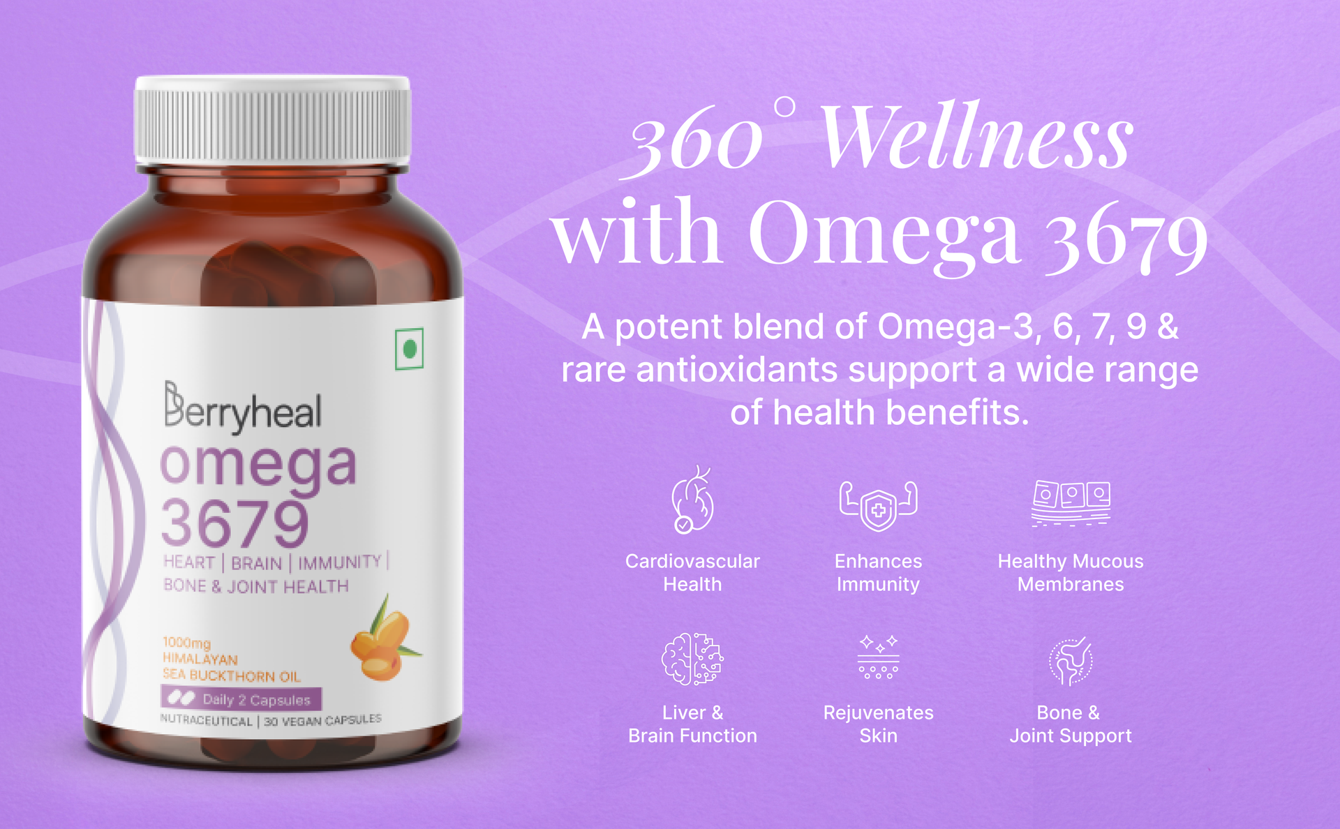 Omega 3679 Sea Buckthorn Oil Capsule, 1000mg | Helps to Boost Immunity, Supports Heart, Brain, Joint & Skin Health | 100% Vegan Whole Body Wellness Nutrition Supplement | 120 Capsules – 60 Days