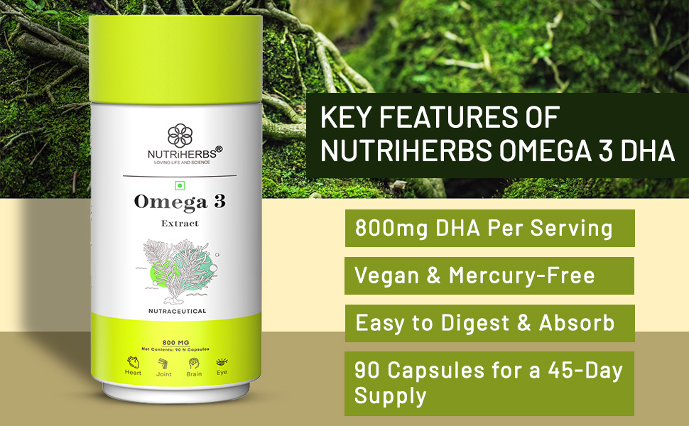 NUTRI HERBS Vegetarian Omega-3 Fatty Acids 800mg Capsule– Plant-Based DHA & EPA omega 3 supplement | Supports Joint, Eye & Skin Health | No Fish Oil | for Men & Women | 90 Capsules Pack of 3 ( for men & women)