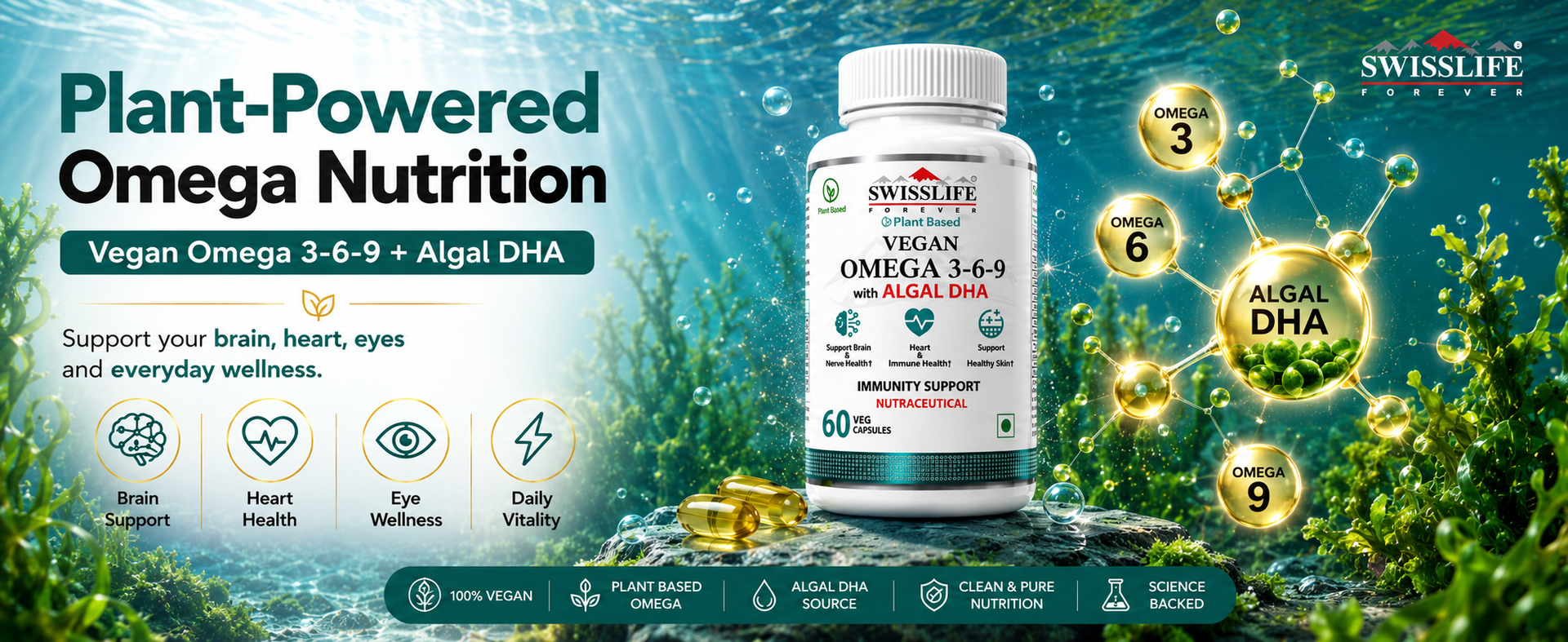 Swisslife Forever Omega 3-6-9 Vegan Supplement | Plant-Based Algal Oil | Supports Heart, Brain, Eye, Skin, Hair, Muscle & Bone Health | Natural Nutrition for Men & Women | 60 Veg Capsules (Pack of 2)