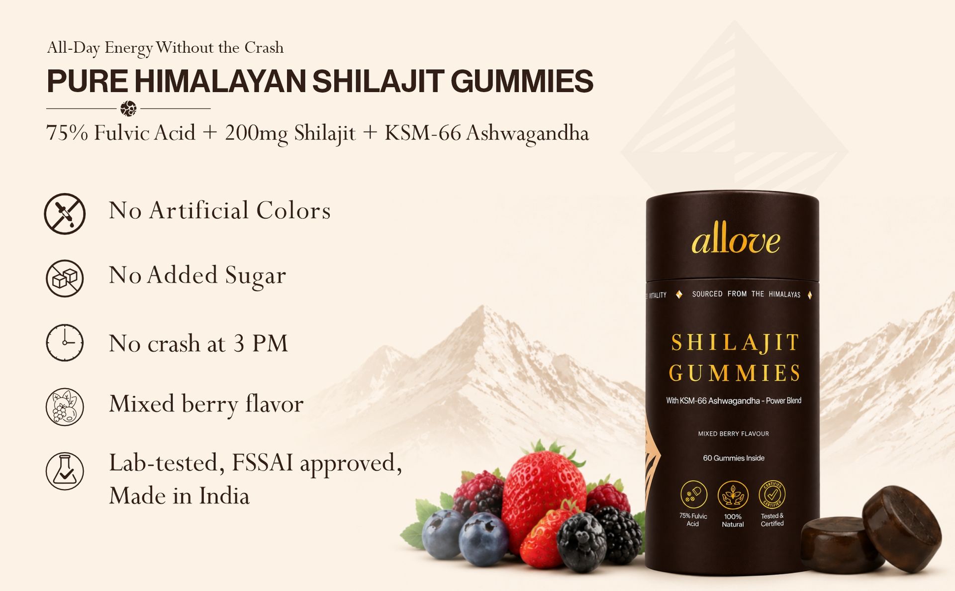 Allove Shilajit Gummies with KSM-66 Ashwagandha| 60 Gummies | Mixed Berry
