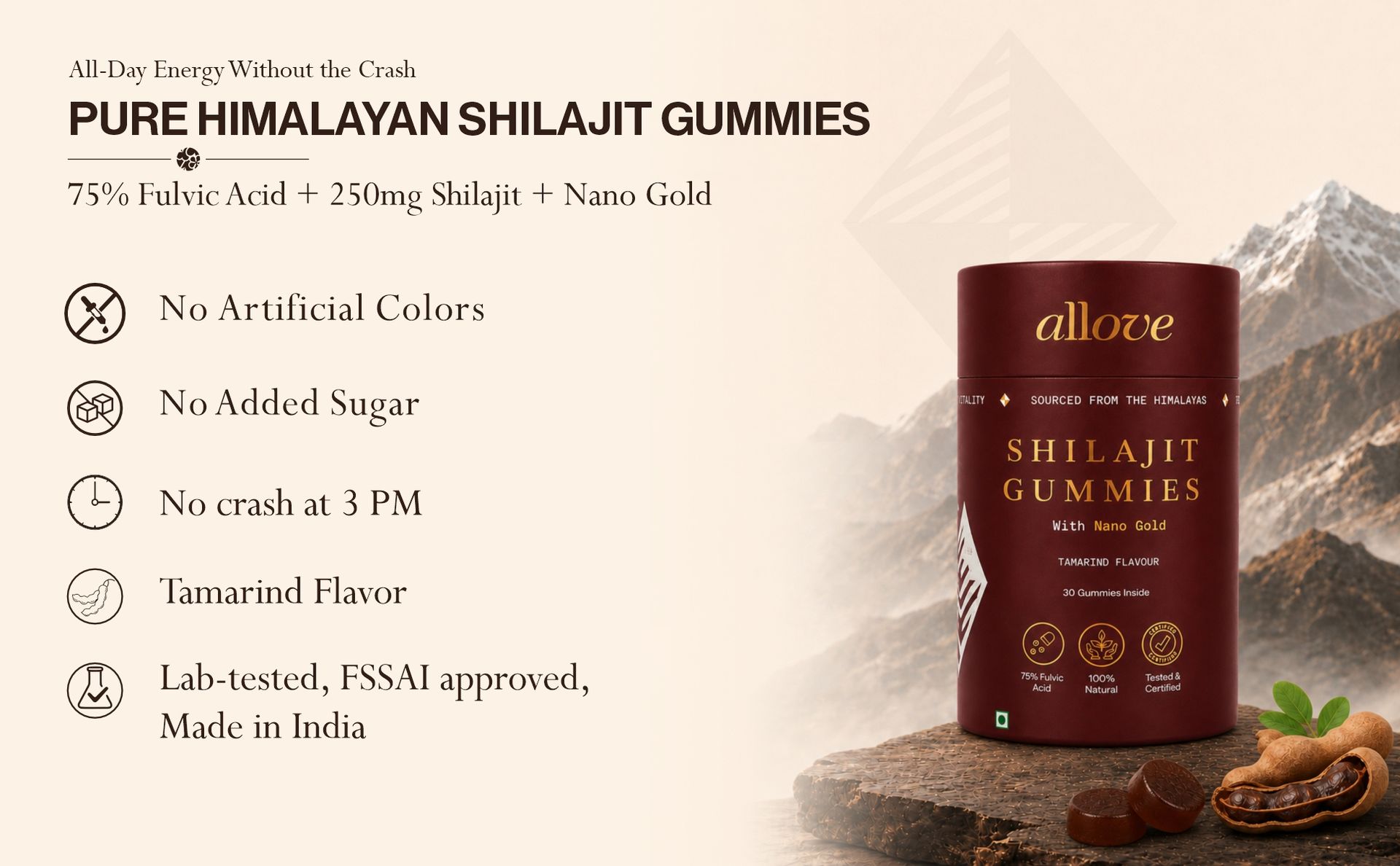 Allove Shilajit Gummies 250mg with Nano Gold | 30 Gummies | Tamarind
