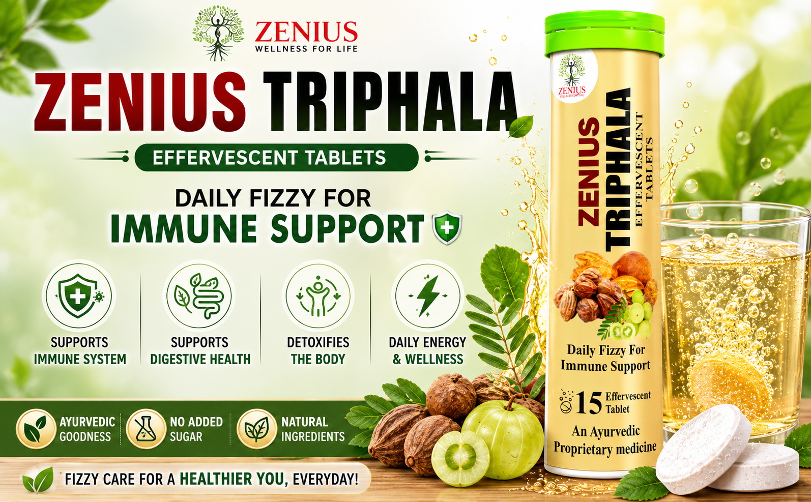 Zenius Triphala Effervescent Tablets for Relieves Constipation, Improves Digestive Health | Ayurvedic Herbal Supplement with Amla Haritaki Bibhitaki | Gut & Colon Cleanse Support