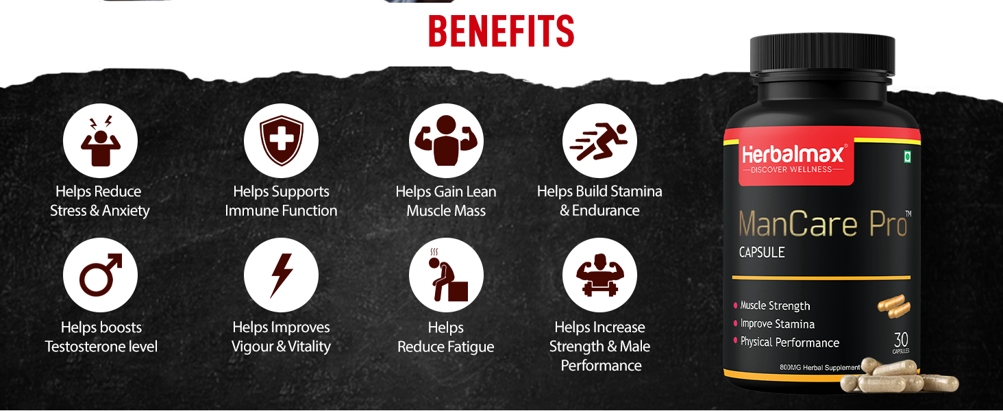 Herbalmax ManCare Pro Capsules – 800mg | With Safed Musli, Shilajit, Ashwagandha, Vaidarikandra & Kaunch Beej Extract | Supports Muscle Strength, Stamina & Physical Performance – 30 Capsules