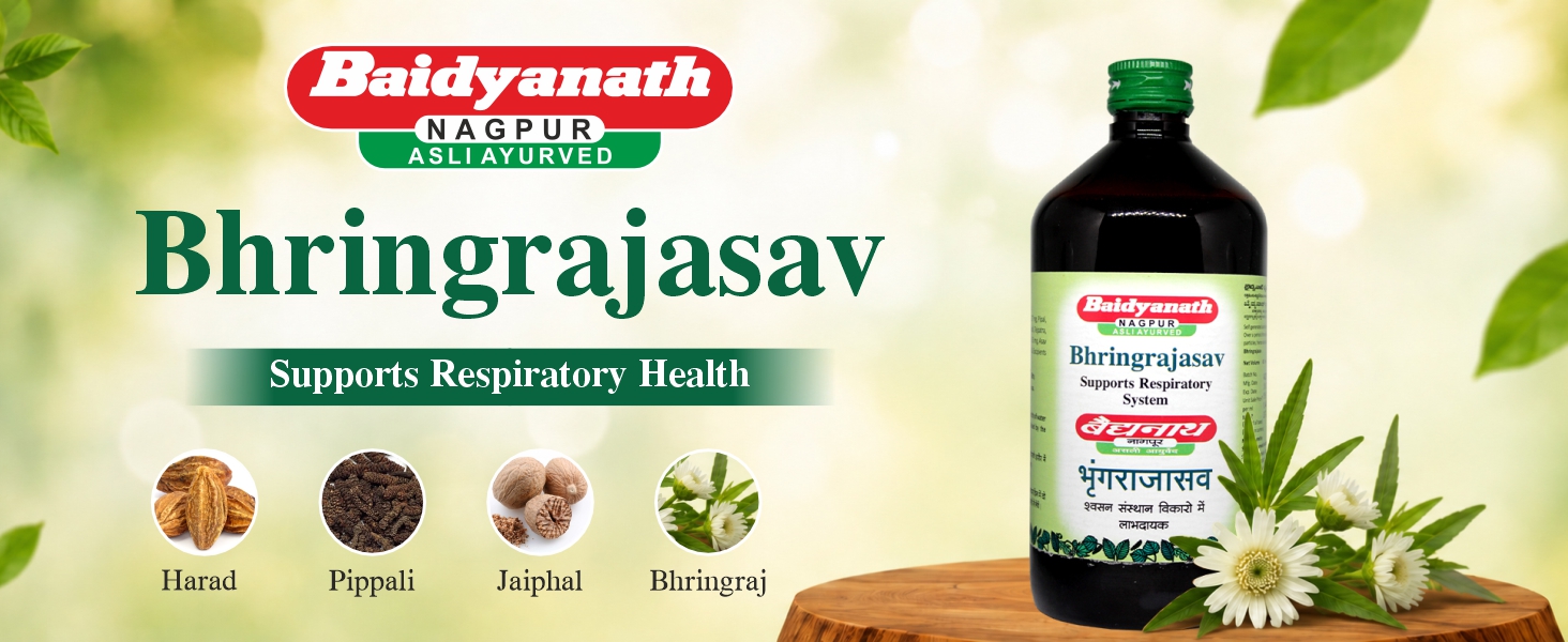 Baidyanath Asli Ayurved Bhringrajasava 450 ml - Ayurvedic Formula for Healthy Hair Growth, Liver Wellness, Cough Relief & Digestive Health | The Ultimate Herbal Solution for Respiratory Health, Blood Purification | Helps in Hairfall & Premature Greying