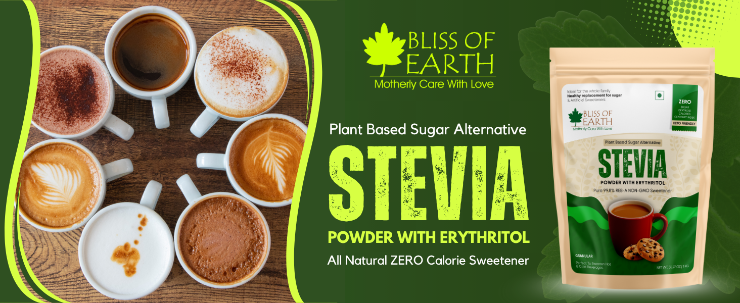 Bliss of Earth Stevia Powder, Organic Sugar Free Zero Calorie Sweetener Diabetic and Keto Friendly 99.8% Purity Vegetarian Gluten Free Quick Dissolve 200g Jar
