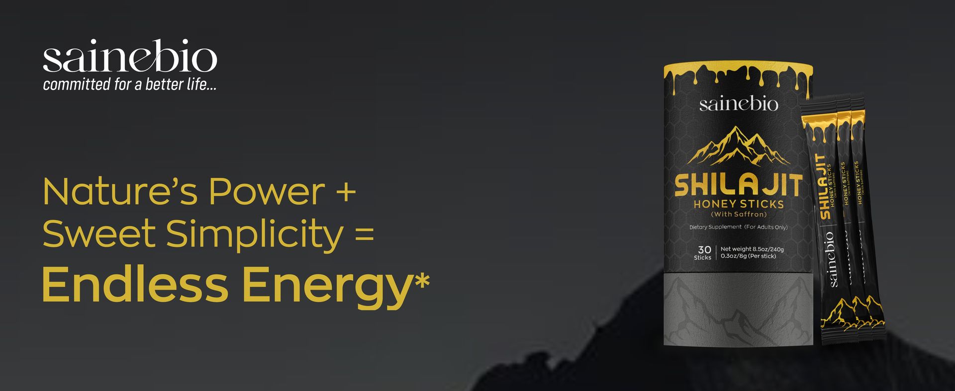 Sainebio Shilajit Honey Sticks with Saffron | Pure Shilajit Resin | Daily Wellness Supplement | Supports Energy & Vitality | 30 Single-Serve Sticks