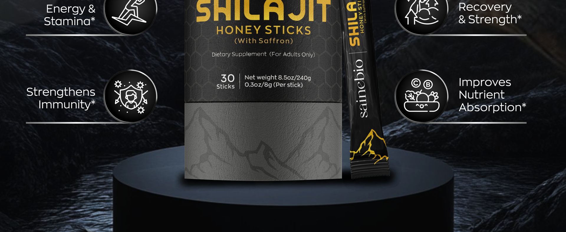 Sainebio Shilajit Honey Sticks with Saffron | Pure Shilajit Resin | Daily Wellness Supplement | Supports Energy & Vitality | 30 Single-Serve Sticks