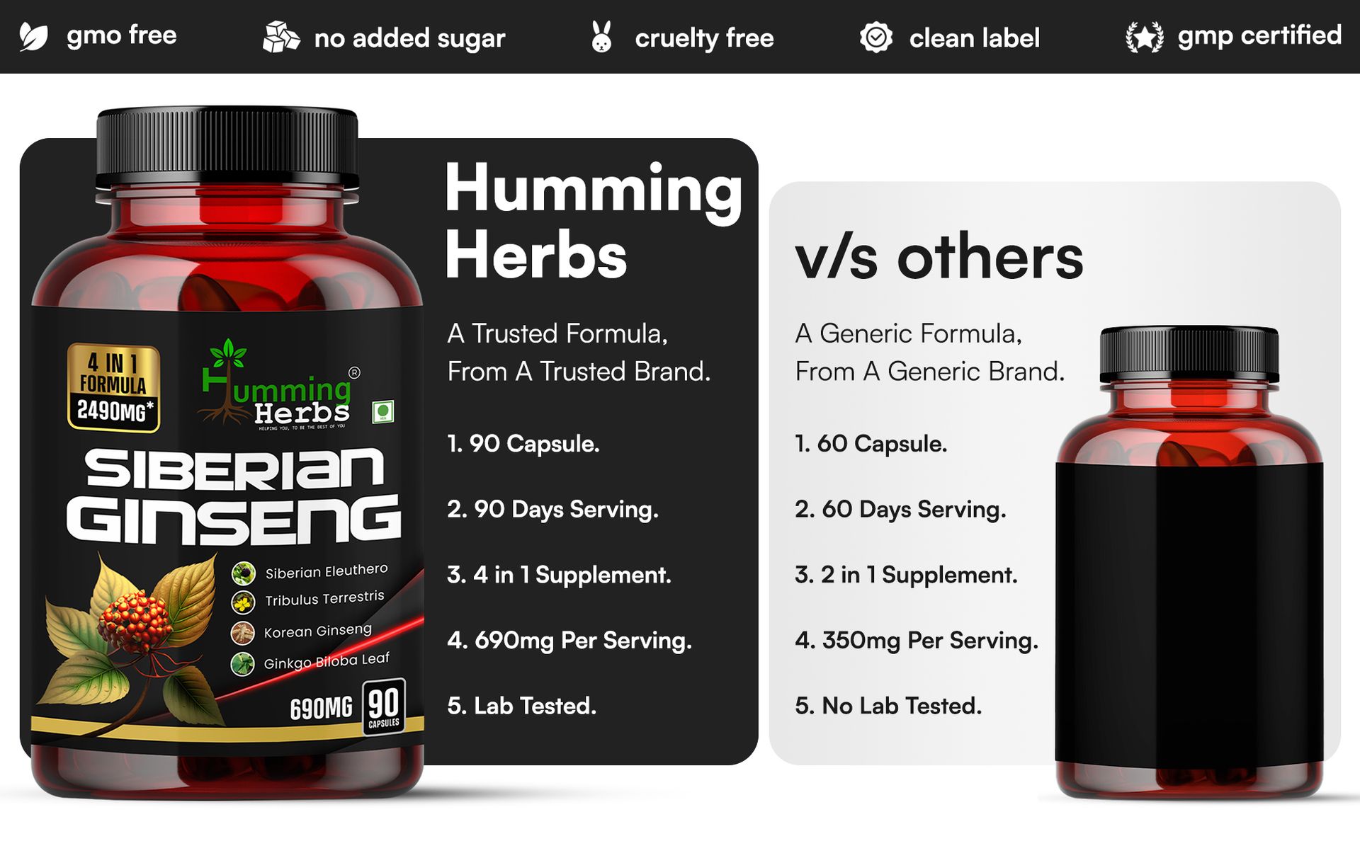 Humming Herb Siberian Ginseng | Energy Boosting, Immune Supporting & Performance Enhancing | Includes Ginkgo Biloba Leaf, Tribulus Terrestris & Korean Eleuthero Root Extract Ginseng- 2490mg - 90 Cap