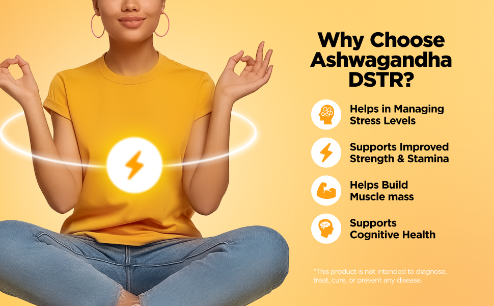 Natxtra Ashwagandha-DSTR | Stress Relief & Stamina Booster | Withanolides, Magnesium, & B Vitamins | Improves Strength, Reduces Stress, Promotes Mental Well-being | 60 Vegetarian Capsules