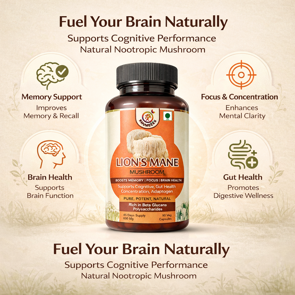 KHUMBEESS SUPERFOODS Lion's Mane Mushroom Extract, 650mg x 90 Capsules | Natural Brain Support & Focus, Memory Boost, Cognitive Health Supplement, Support Healthy Gut