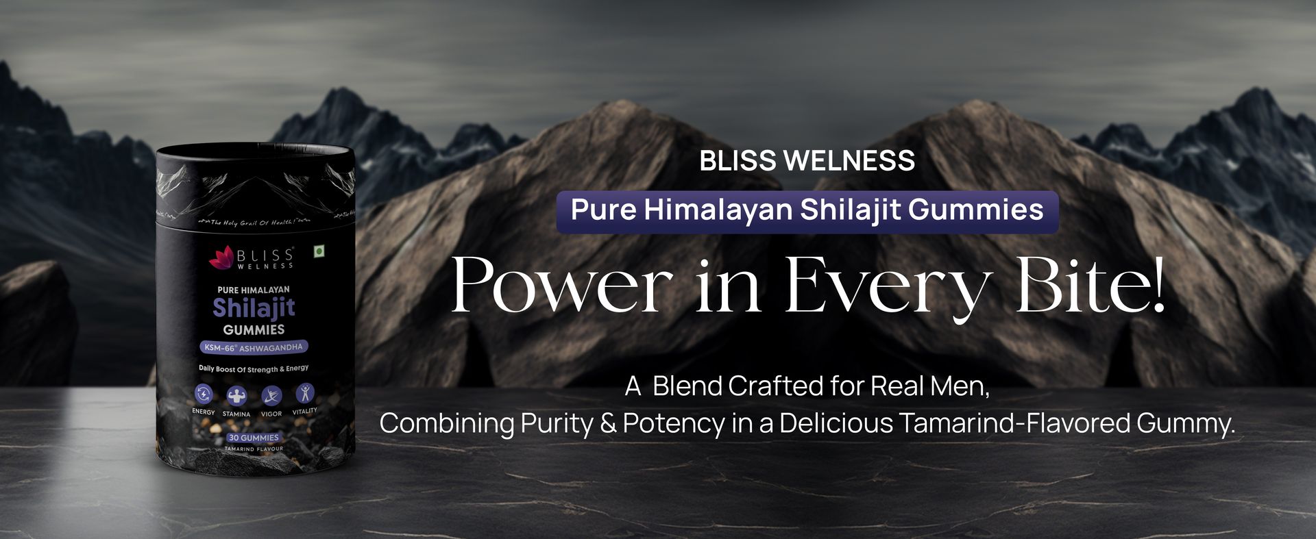 Bliss Welness Pure Himalayan Shilajit Gummies with 70%+ Fulvic Acid & KSM-66 Ashwagandha | Tamarind Flavour | Gelatin-Free | Vegetarian | Daily Herbal Supplement - 30 Gummies (15 Days Pack)