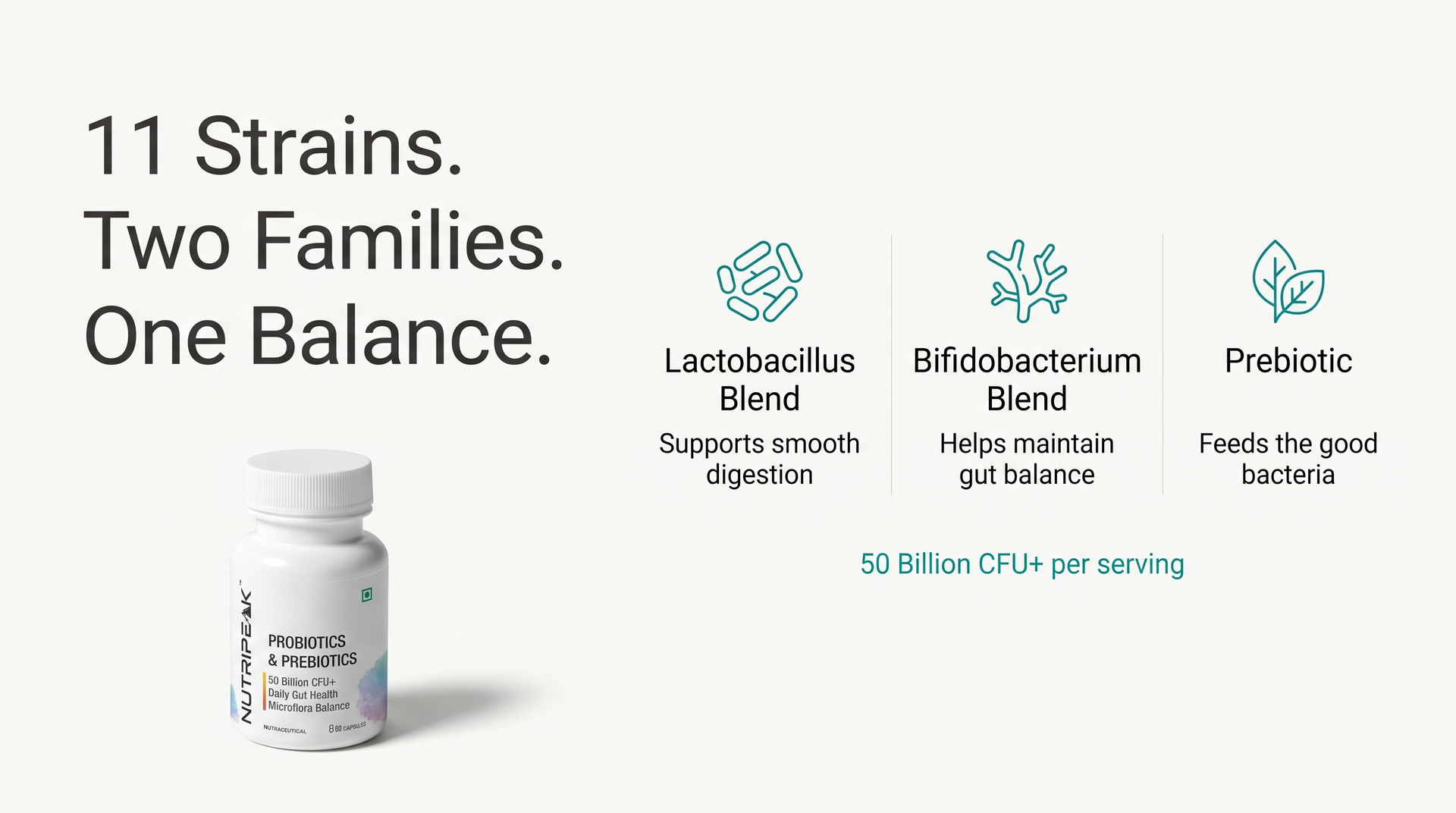 Probiotics & Prebiotics 50 Billion CFU+, 11 Strains, 60 Veg Capsules, Daily Gut Health & Microflora Support