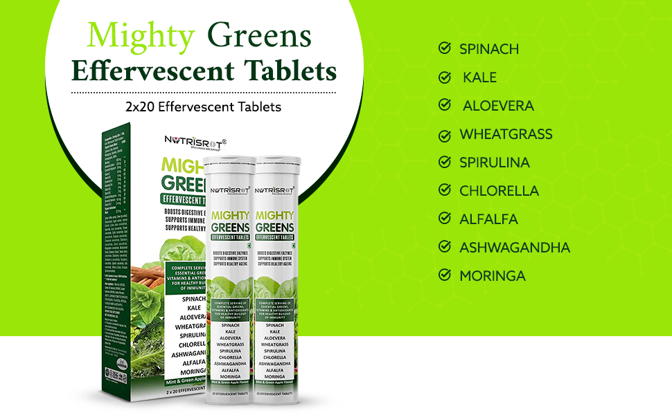 Mighty Greens Multivitamin Effervescent Tablets|Super Greens Wholefood With Spinach, Kale, Ashwagandha, Vitamin C, B12, Iron, Zinc & Antioxidants|Mint & Green Apple Flavour (40 Tablets)