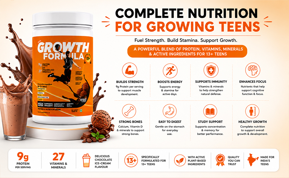Growth Formula Teen Nutrition Drink Powder for 13+ Years, 1kg | 9g Protein per Serving | 27 Vitamins & Minerals | Supports Daily Nutrition | Chocolate Ice Cream Flavour