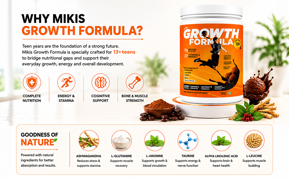 Growth Formula Teen Nutrition Drink Powder for 13+ Years, 1kg | 9g Protein per Serving | 27 Vitamins & Minerals | Supports Daily Nutrition | Chocolate Ice Cream Flavour