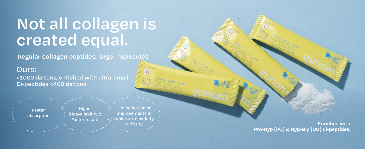 Gunam Marine Collagen Di-Peptide + Skin & Gut Complex | Hydrolysed Japanese Marine Collagen Peptides| Prebiotic FOS, Glutathione, Vitamin C & B3, Zinc, Probiotics | Supports Skin Glow, Hair, Nails, Gut & Joints | Lemon Lime | 15 Sachets