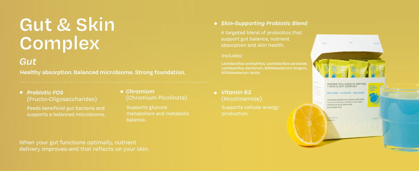 Gunam Marine Collagen Di-Peptide + Skin & Gut Complex | Hydrolysed Japanese Marine Collagen Peptides| Prebiotic FOS, Glutathione, Vitamin C & B3, Zinc, Probiotics | Supports Skin Glow, Hair, Nails, Gut & Joints | Lemon Lime | 15 Sachets