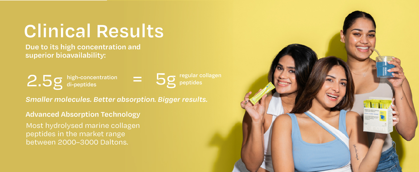 Gunam Marine Collagen Di-Peptide + Skin & Gut Complex | Hydrolysed Japanese Marine Collagen Peptides| Prebiotic FOS, Glutathione, Vitamin C & B3, Zinc, Probiotics | Supports Skin Glow, Hair, Nails, Gut & Joints | Lemon Lime | 15 Sachets