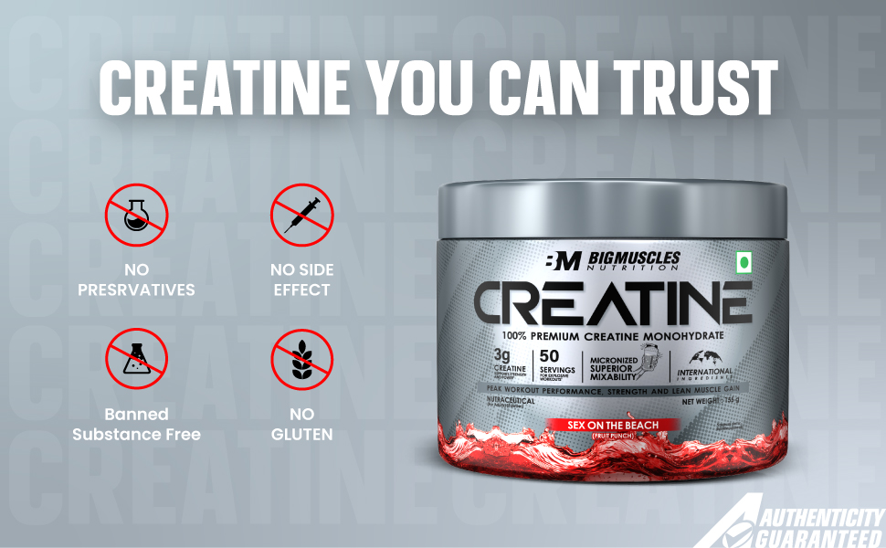 Bigmuscles Nutrition Creatine [257g, 83 Servings] | Unflavoured | Micronized Creatine Monohydrate To Support Lean Muscle Repair & Recovery, powder, 1 count
