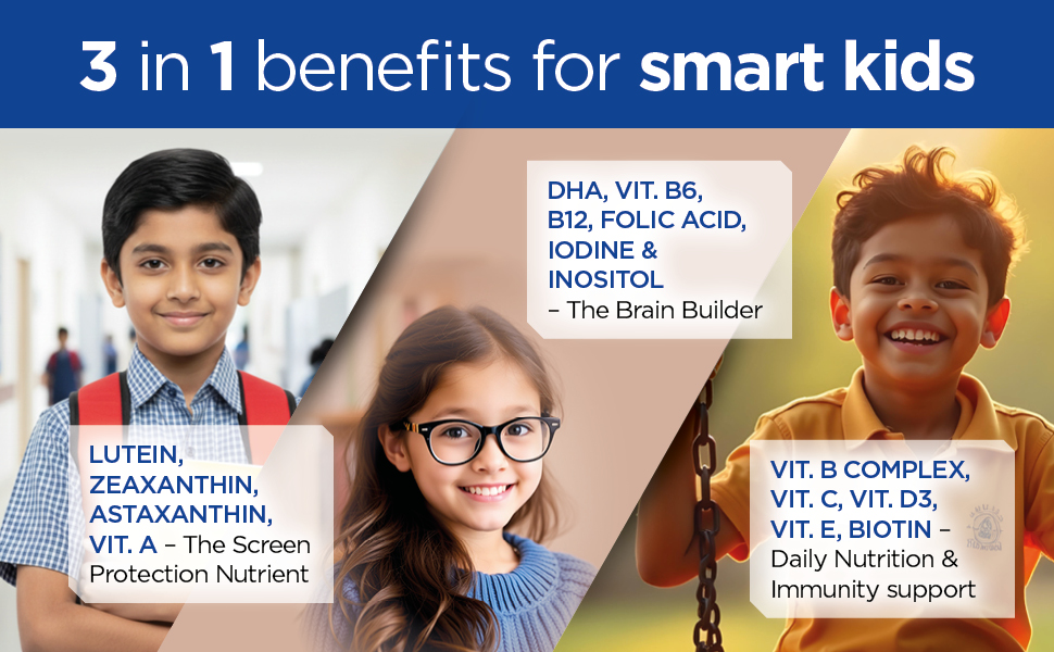 Little Visionaries | Eye + Brain + Daily Nutrition for (2-15 Years) Kids | Lutein, DHA, Zeaxanthin, Astaxanthin and Multivitamins | Strawberry Flavour 30 Gummies | 3 in 1 benefits in one gummy