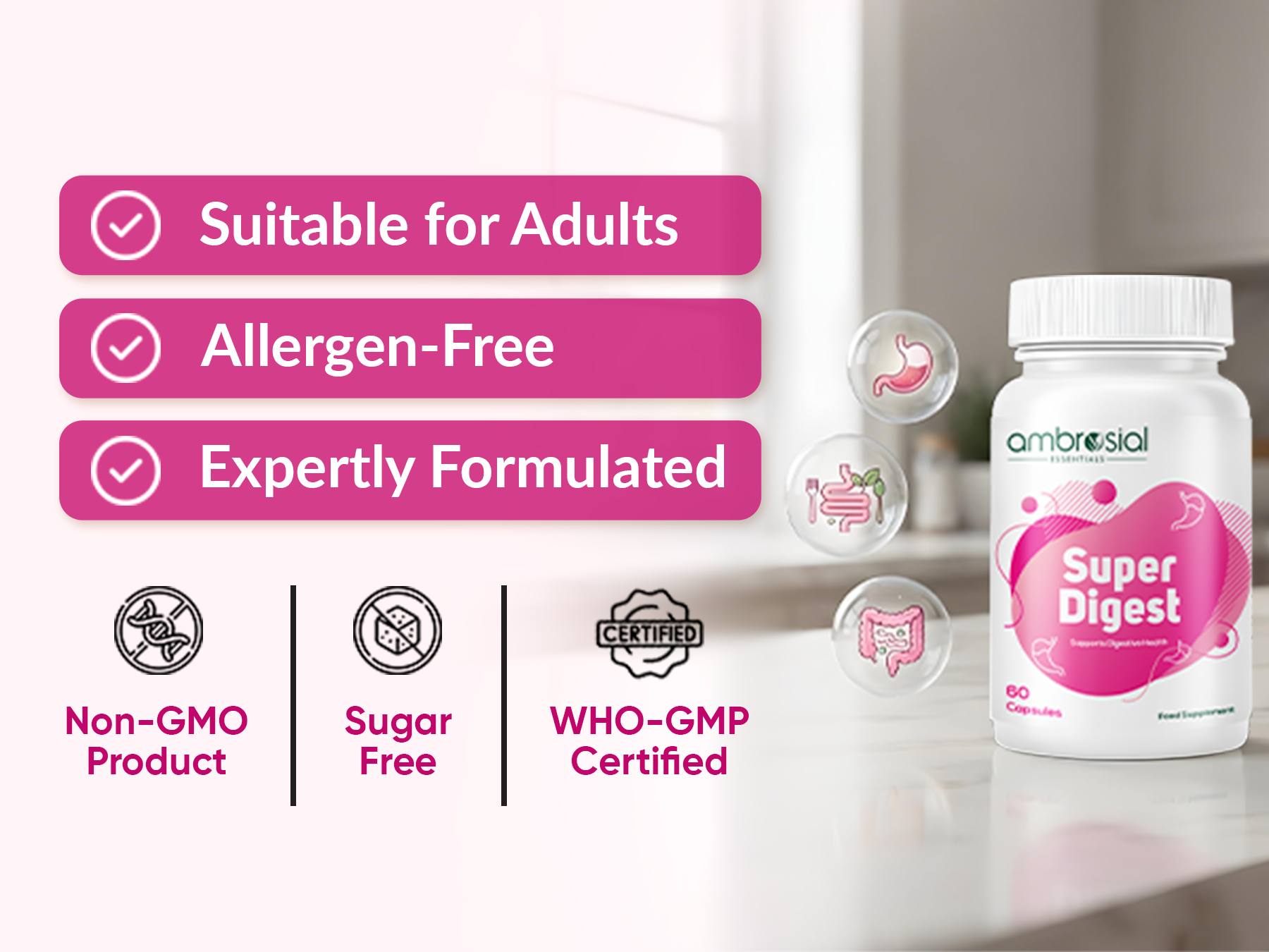 Ambrosial Super Digest with Betaine hcl Pepsin, Ox-Bile, Pancreatin & L-Glutamic Acid | Digestive Enzyme Supplements to Support Optimal Digestion & Gut Health (Pack of 1-60 Capsules)