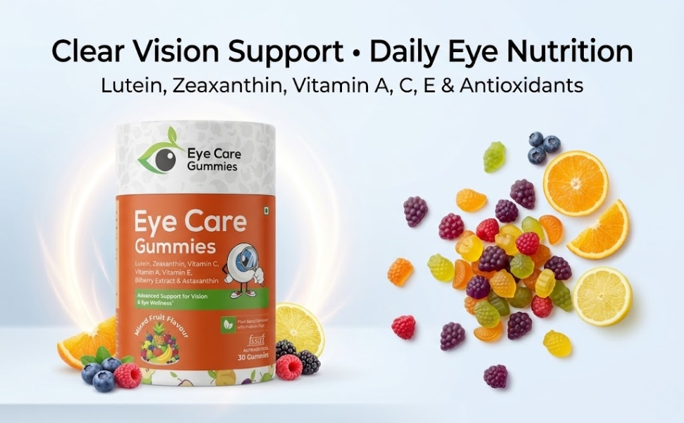 Eye Care Gummies for Kids & Adults | Lutein, Zeaxanthin, Bilberry & Astaxanthin with Vitamins A, C & E | Supports Eye Health, Vision & Daily Eye Nutrition | Mixed Fruit Flavour | 30 Count