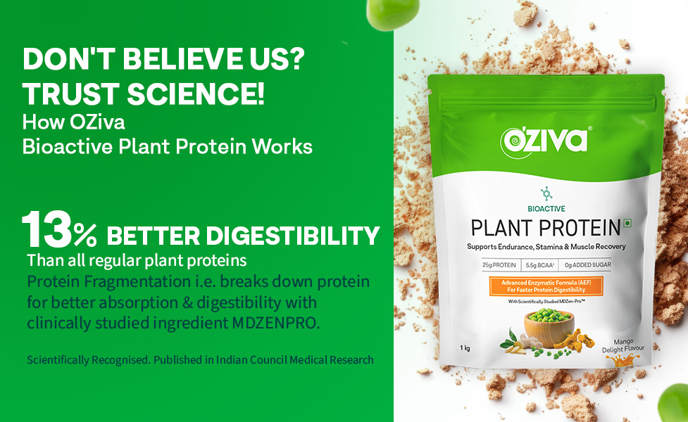 OZiva Bioactive Plant Protein Powder, 5.5g BCAA, Pea Isolate, Mango, 1kg
