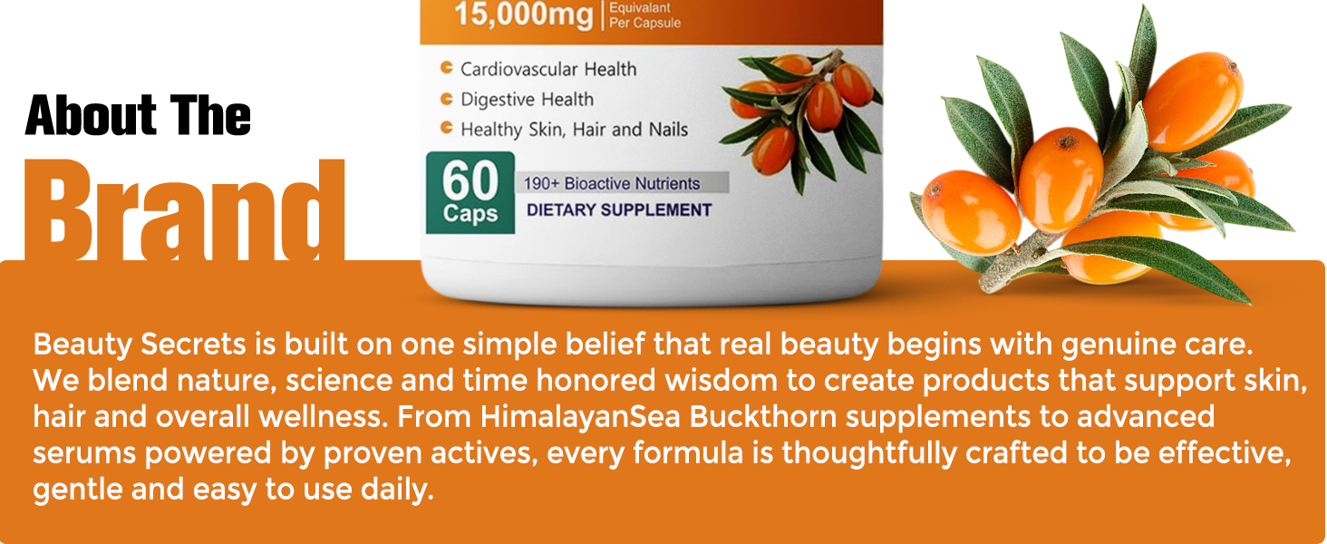 Himalayan Sea Buckthorn Capsules 15000 mg | Sea Buckthorn Berry Extract | with Omega-7 | High Potency Antioxidant Supplement for Immune Support, Digestive & Heart Health | 60 Veg Capsules