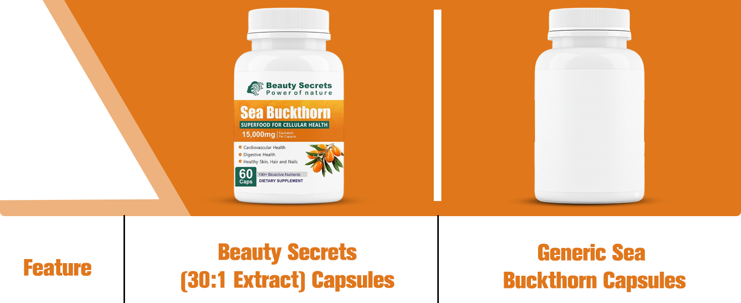 Himalayan Sea Buckthorn Capsules 15000 mg | Sea Buckthorn Berry Extract | with Omega-7 | High Potency Antioxidant Supplement for Immune Support, Digestive & Heart Health | 60 Veg Capsules