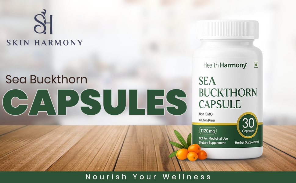 Health Harmony Sea Buckthorn Capsules | Omega 3, 6, 7, 9 + Vitamin E | For Skin, Heart, Immunity & Joint Health | 1120mg | 30 Vegetarian Capsules
